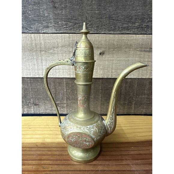 Vintage Original India Antique Red/Brass patterned Jug 8” Tall - Picture 1 of 10